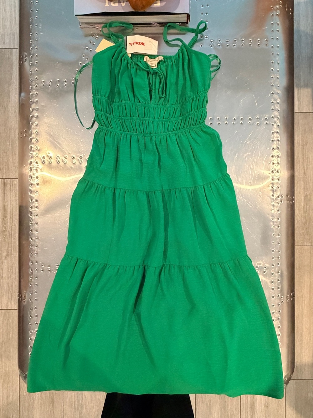 Monteau Emerald Green Tiered Tie-Shoulder Dress
